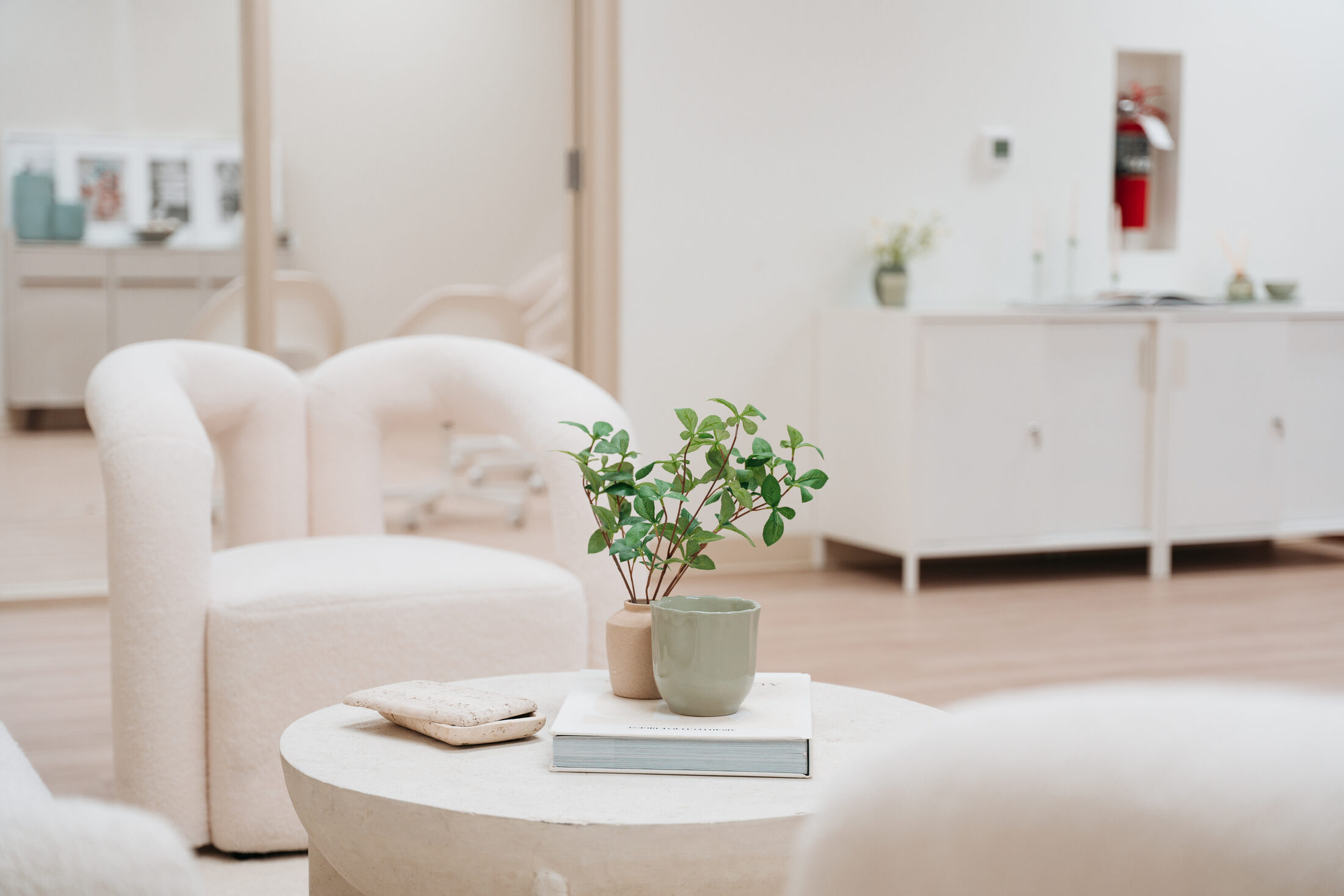 Armchair seating vignette at the finished Élan Beauté space