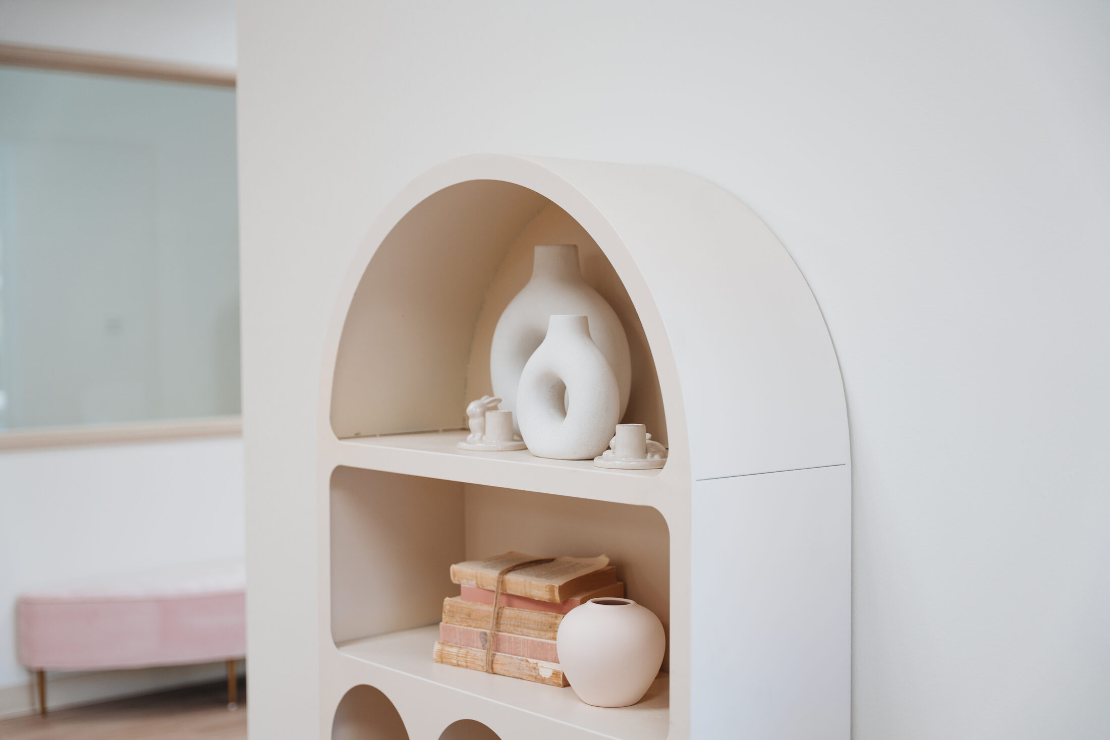 Shelving detail at the finished Élan Beauté space