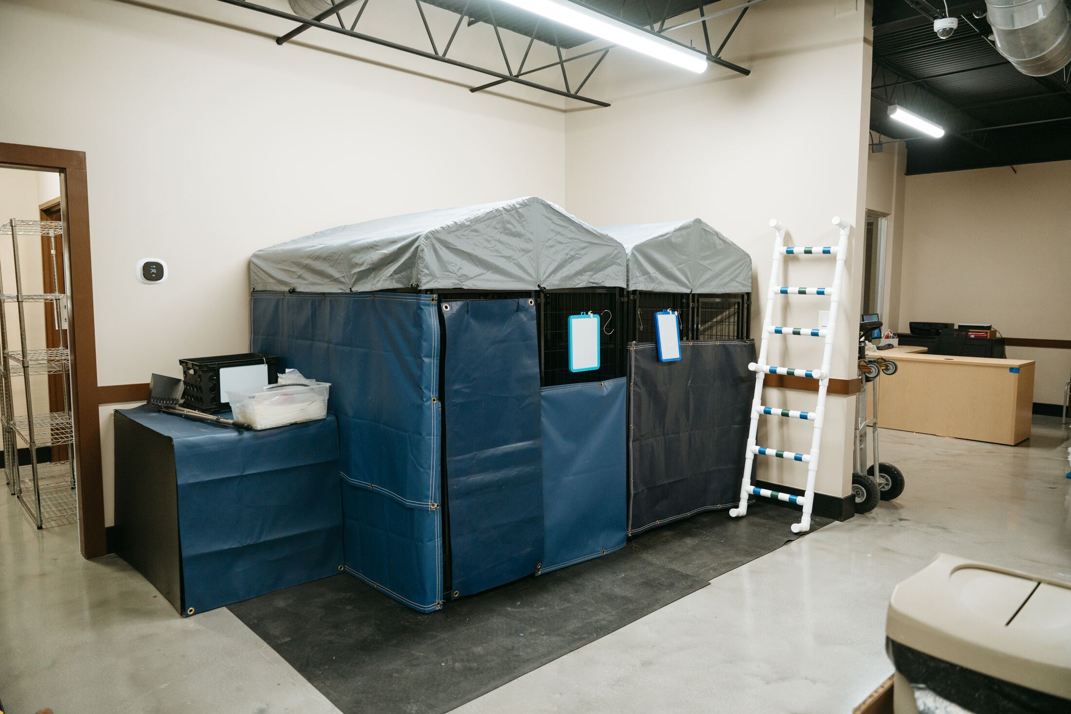 Kennel staging area inside the finished training center