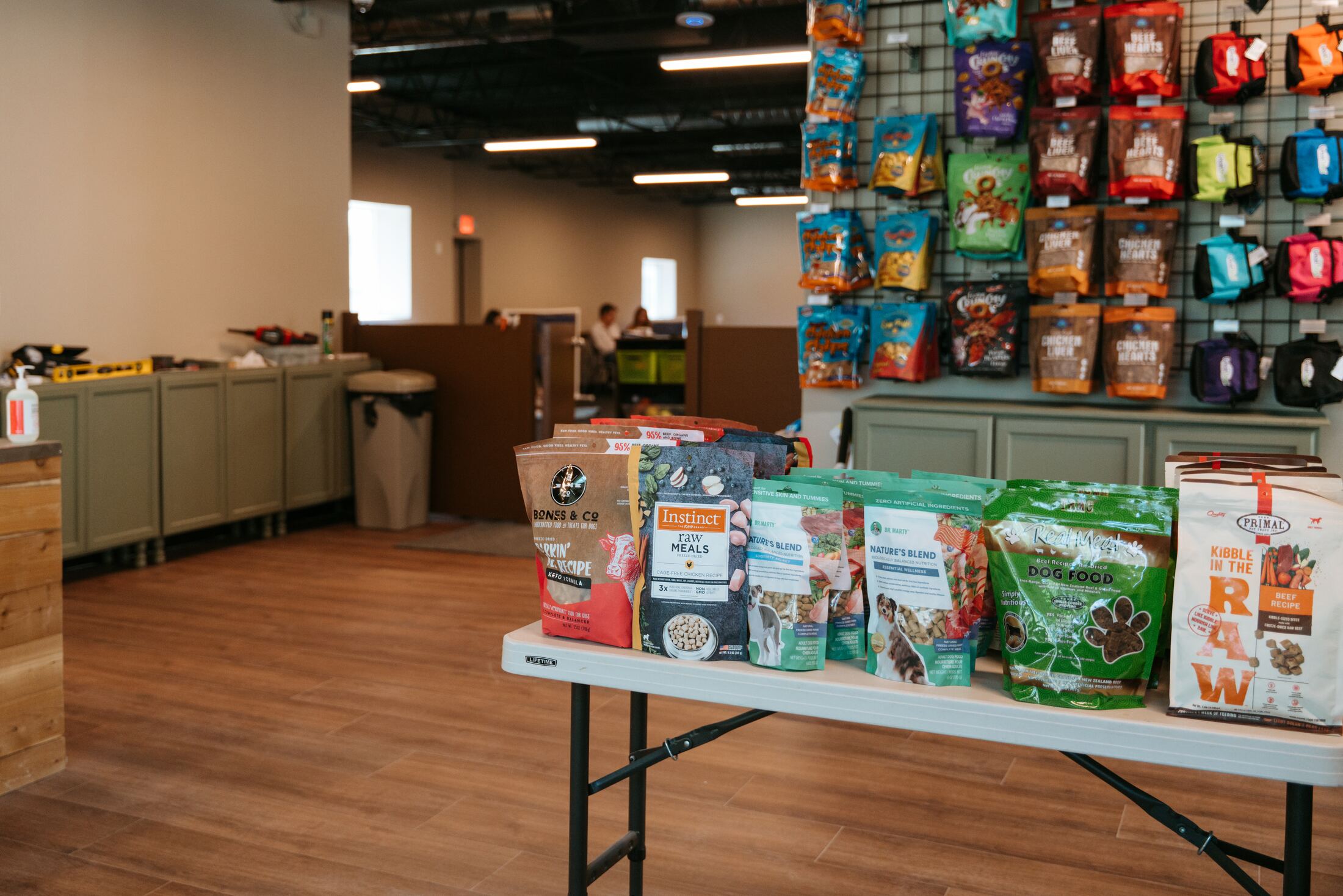 Retail dog food display tables at What a Great Dog! Training Center